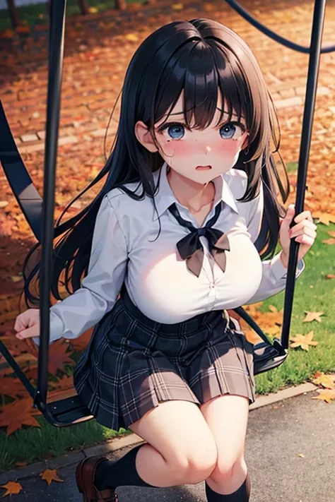 Big tears, troubled face while crying, swing in the park, beautiful girl, big breasts, swinging, autumn uniform, wearing black loafers, blue checked skirt, white blouse, ribbon or tie, angled from above, long black hair, cleavage visible, evening