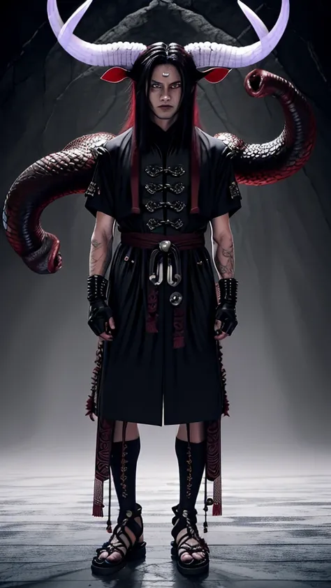 a boy with long white hair, red eyes, demon horns, wearing a japanese black outfit with fingerless gloves and sandals, full body black and grey character design, ronin scarf, (best quality,4k,8k,highres,masterpiece:1.2),ultra-detailed,(realistic,photoreali...