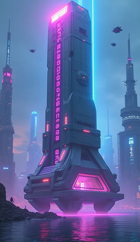 A futuristic lighthouse floating in the air, surrounded by high-tech drones and holograms. The scene is rendered in a sharp, mechanical style with bold primary colors, especially emphasizing blue and purple neon lights. The lighthouse stands majestically i...