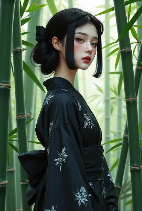 (masterpiece, Best quality:1.2),bamboo forest， 1Portrait of a girl, Solitary，Black Kimono