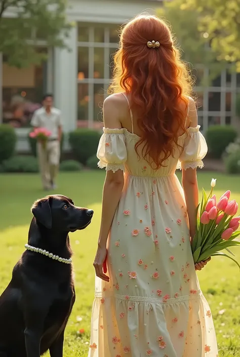 A woman in a peasant spring flower dress off the shoulder long semi-red curly hair with a black dog with a pearl collar in a park with a black haired man, in a suit and with tulips in his hand in the distance near a beautiful London-style flower shop 