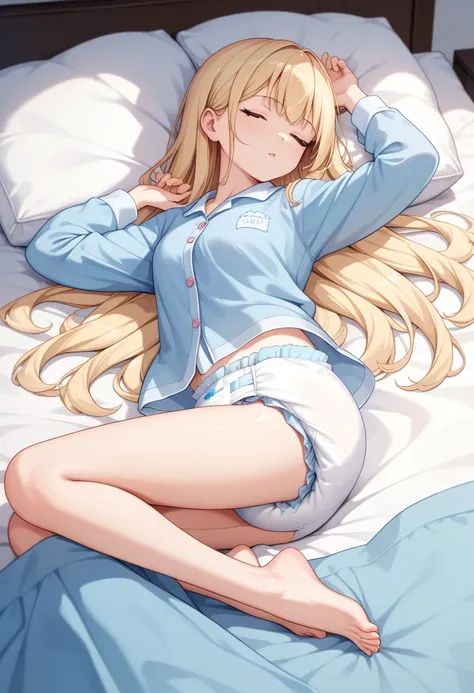 Beautiful long blonde　Light blue pajamas　bottomless　diaper　Sleeping in bed　barefoot　Long sleeve　Open your legs