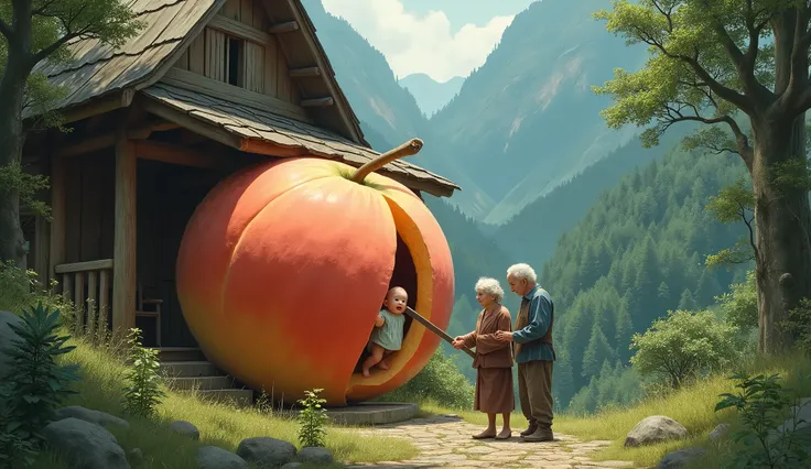 （The old man and woman cut open a giant peach that was bigger than their bodies with a knife, and out came a human baby.）、（An old, traditional mountain hut deep in the mountains）、（A hut from a fairy tale）There are many trees around the hut.、