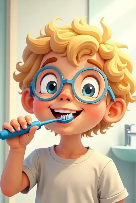 Un petit garcons blond cheveux courts et bouclés lunettes ronde bleues claires qui se brosse les dents en souriant