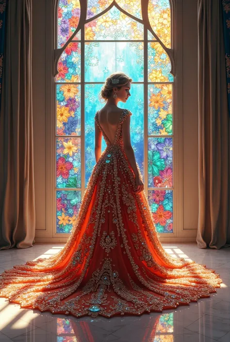 Colorful stained glass A princess in a gorgeous dress with diamond decorations that reach all the way down to the pure white floor The stained glass pattern is reflected on the dress, creating a fantastic and wonderful feeling.
