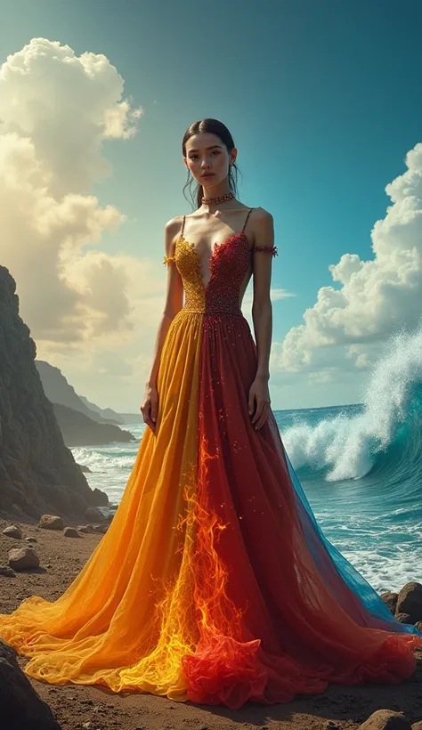 Hyperrealistic full-body portrait of a woman embodying the four elements in haute couture, dress quadrisected into sections representing earth, air, fire, and water, corresponding makeup and accessories for each element, backdrop transitioning between elem...