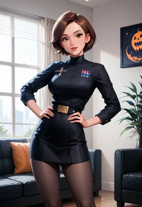 score_9, score_8_up, score_7_up, 1girl, solo, (Helen Parr, short hair, generous and heavy breasts, slender waist:1.4), wearing (sexy Star Wars Imperial officer wearing a (black) uniform, short skirt, tights:1.5), (naturally curved, thicc:1.2), confident, f...