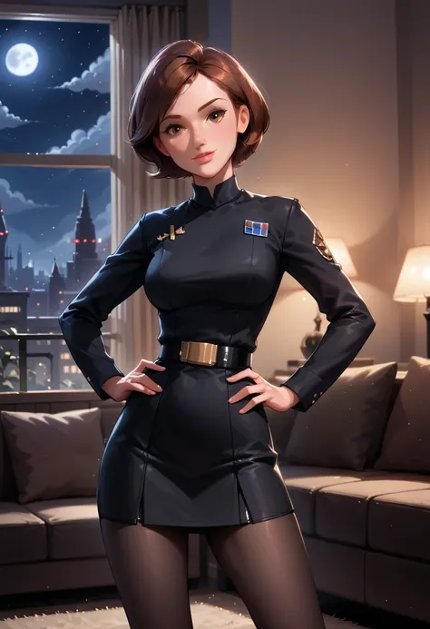 score_9, score_8_up, score_7_up, 1girl, solo, (Helen Parr, short hair, generous and heavy breasts, slender waist:1.4), wearing (sexy Star Wars Imperial officer wearing a (black) uniform, short skirt, tights:1.5), (naturally curved, thicc:1.2), confident, f...