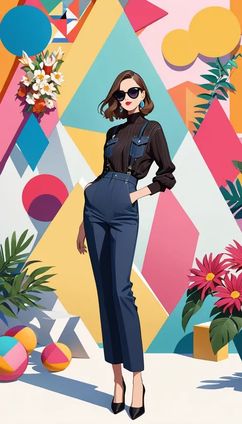 Vivid fashion illustrations for ladies, Including flowers, Leaves, and geometric shapes, Standing in front of an abstract background，Reflecting their whimsical sense of fashion. They wear sunglasses，Feel confident when posing in front of the camera. The ov...