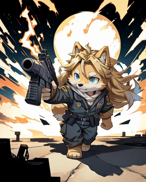 masterpiece, best quality, anime, figure, alone, dynamic pose, shiba inu, (small:1.3), yellow fur, blue eyes, gun, tank,soldier,...