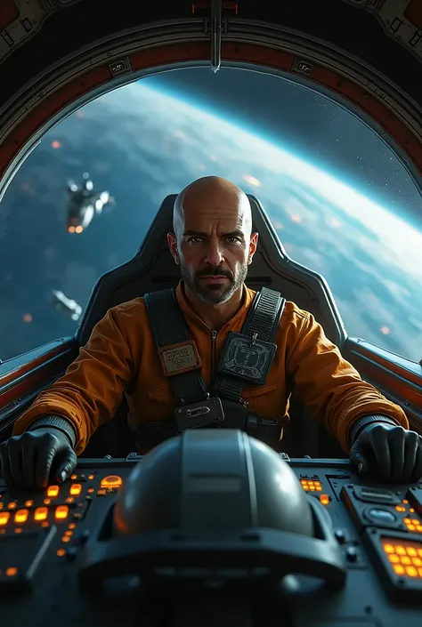 a man, skinny, shaved hair, skin color white a little dark, piloting a corsair ship from the drake interplanetary company, view from the front inside the cabin, the man looks at the camera