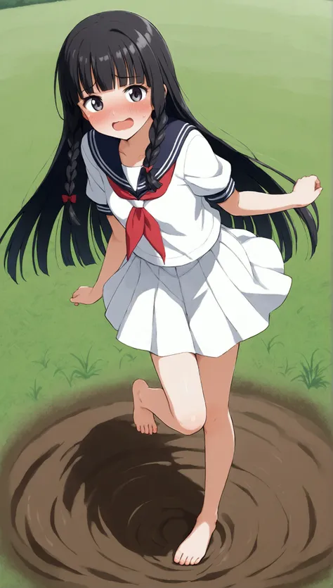 {Best Quality}, {Very beautiful},{Ultra fine},{Best illustration},Black Hair,Hime cut,Long Hair,Braids,Standing Woman,Excited face,High school girl,Sailor suit,Short sleeve,skirt,barefoot,Bare legs,Entering the rice field,Muddy,Slender,Spread your legs,ski...