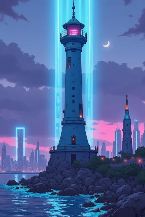 cybanime, a cyberpunk-inspired lighthouse standing on the edge of a dystopian city coastline. the lighthouse emits beams of brig...