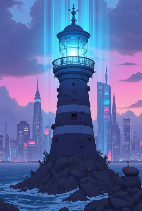 cybanime, a cyberpunk-inspired lighthouse standing on the edge of a dystopian city coastline. the lighthouse emits beams of brig...