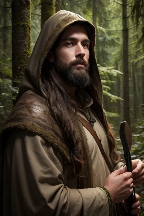 male, Long brown hair, Bearded, Medieval Druid Hunter, In the middle of a deep forest at night, Hooded, Medieval style, Realistic, Super detailed  