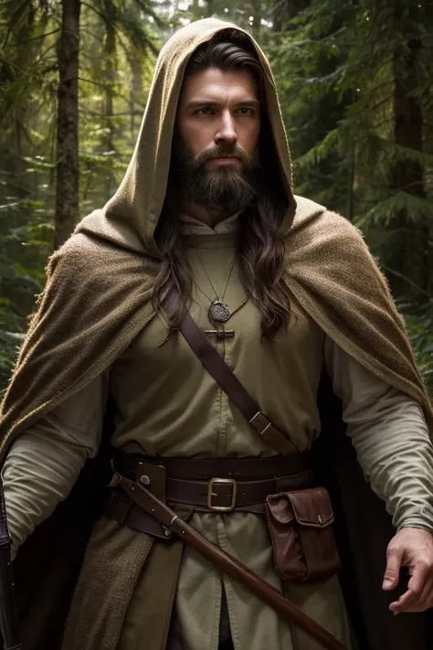 male, Long brown hair, Bearded, Medieval Druid Hunter, In the middle of a deep forest at night, Hooded, Medieval style, Realistic, Super detailed  