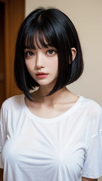 , Black bob cut, Oversized T-shirt,Accurate Eyes、((Symmetrical eyes、 Huge breasts)), Look away, Upper Body, Dim lighting effect