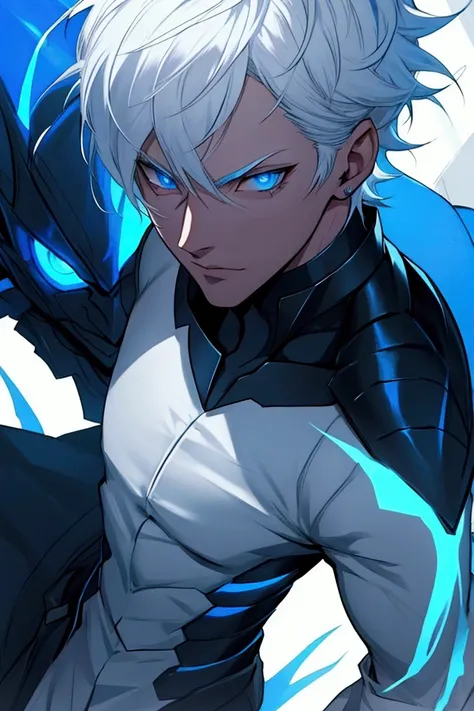 villain boy, with blue eyes, ,short white hair, a blue aura
