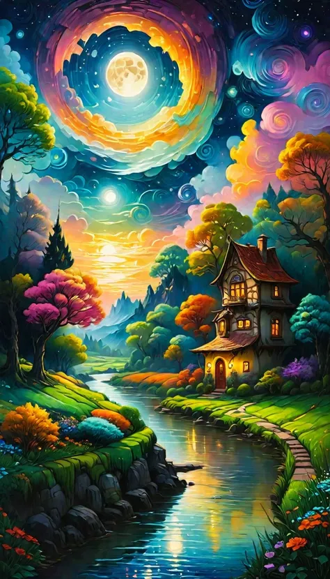 a painting of a house on a river with a full moon in the background, full of colors and rich detail, detailed dreamscape, rich picturesque colors, scenery art detailed, magical landscape, magic world. colorful, detailed painting 4 k, magical realism style,...