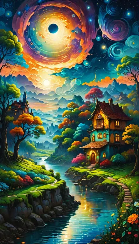 a painting of a house on a river with a full moon in the background, full of colors and rich detail, detailed dreamscape, rich picturesque colors, scenery art detailed, magical landscape, magic world. colorful, detailed painting 4 k, magical realism style,...