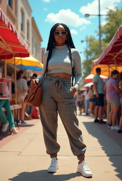 A curvaceous Black woman wearing a cropped, fitted turtleneck top in light grey, paired with high-waisted, plaid trousers and white sneakers. She’s accessorized with a small leather backpack and aviator sunglasses. Her hair is styled in long box braids. Th...