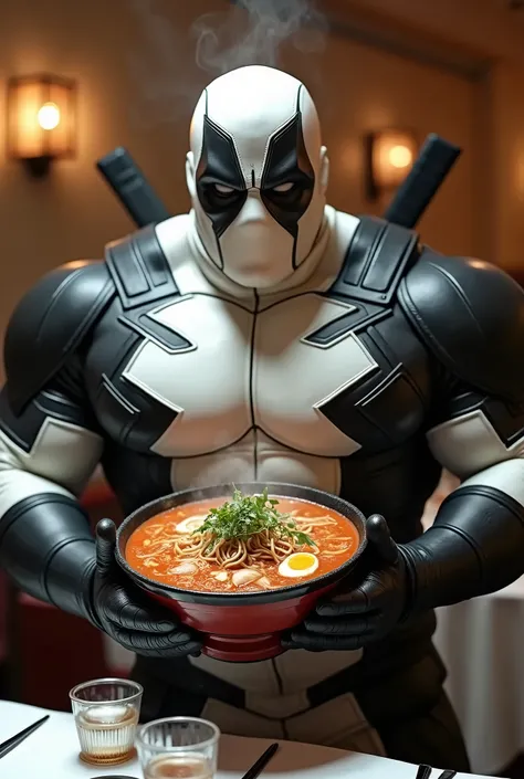 A fat superhero in a black and white costume like Deadpool is holding a big bowl of delicious ramen., in a fancy restaurant, hyperrealistic picture 