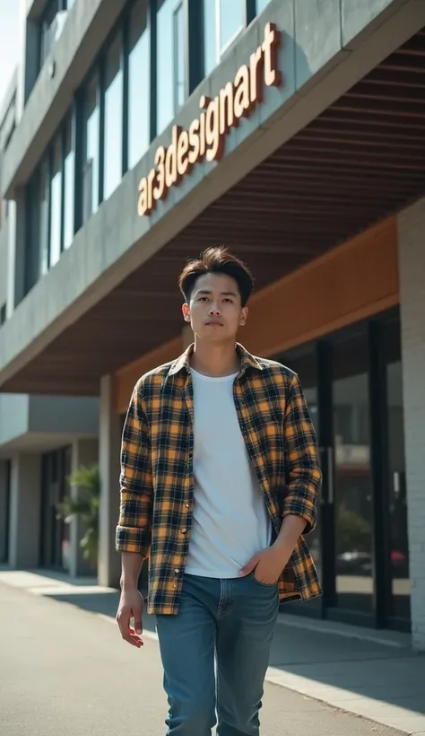 a handsome 22 year old Asian man wearing a plain flannel shirt and long jeans was walking under a building marked AR3DESIGNART. Camera angle from bottom to top.