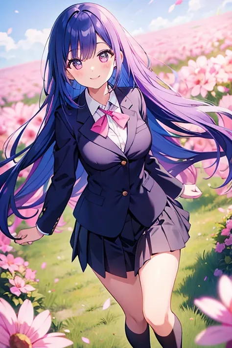 Smiling, having fun in a flower field, beautiful girl, average breast size, blazer uniform, black loafers, pleated skirt, ribbon or tie, angled from below, blue hair, long hair, pink hair mesh, daytime