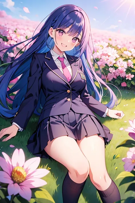 Smiling, having fun in a flower field, beautiful girl, average breast size, blazer uniform, black loafers, pleated skirt, ribbon or tie, angled from below, blue hair, long hair, pink hair mesh, daytime