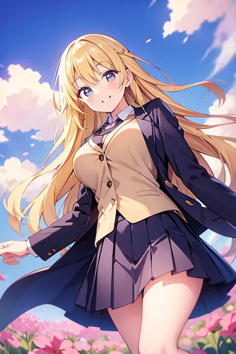 Smiling, having fun in a flower field, beautiful girl, average breast size, blazer uniform, black loafers, pleated skirt, ribbon or tie, angled from below, blonde hair, long hair