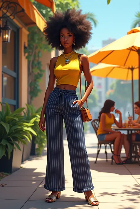 A curvaceous Black woman wearing a fitted, sleeveless mock-neck top in mustard yellow, paired with  wide-leg striped pants in navy and white, and platform sandals. She’s accessorized with a bold necklace and a crossbody bag. Her hair is styled in a volumin...