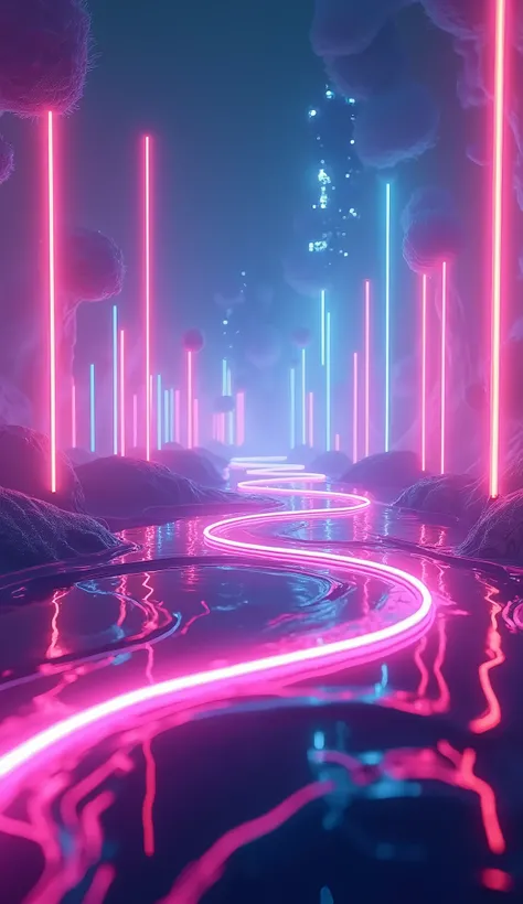 3D render abstract futuristic neon background with glowing ascending lines. Fantastic --ar 3:2