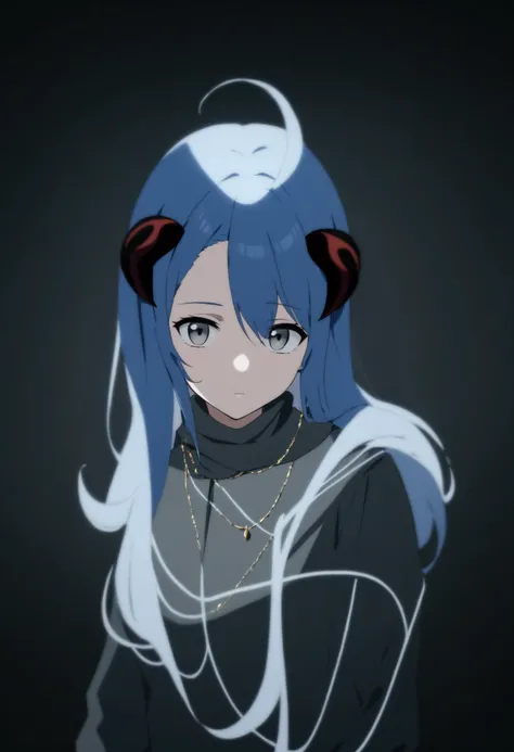 An anime-style medium shot of a girl with dark blue hair and horns. She is wearing a dark grey blouse with lace details and a sophisticated pattern, a black scarf, and layered necklaces. The girl has large, expressive grey-toned eyes and a kind, thoughtful...