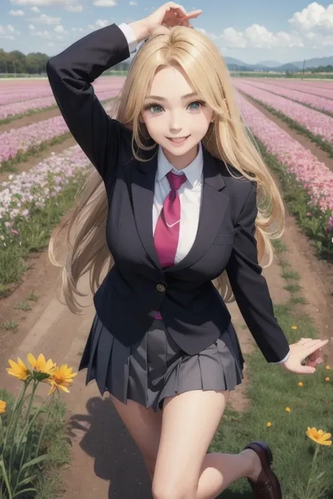 Smiling, having fun in a flower field, beautiful girl, average breast size, blazer uniform, black loafers, pleated skirt, ribbon or tie, angled from below, blonde hair, long hair