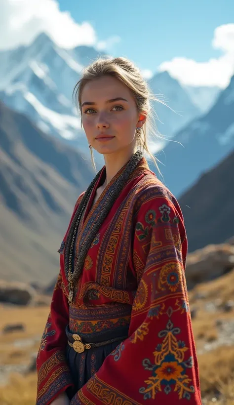 A highly detailed, high-quality Full HD photograph of a beautiful 16-year-old European girl, dressed in a traditional Himalayan outfit. Despite her distinctly European features — fair skin, light hair, and bright eyes — she is wearing the vibrant, intricat...