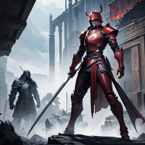 4K, high resolution, full body, human, red eyes, Warrior, short black hair, black full plate, armor, helmet, holding two bastard swords, war hall as background.