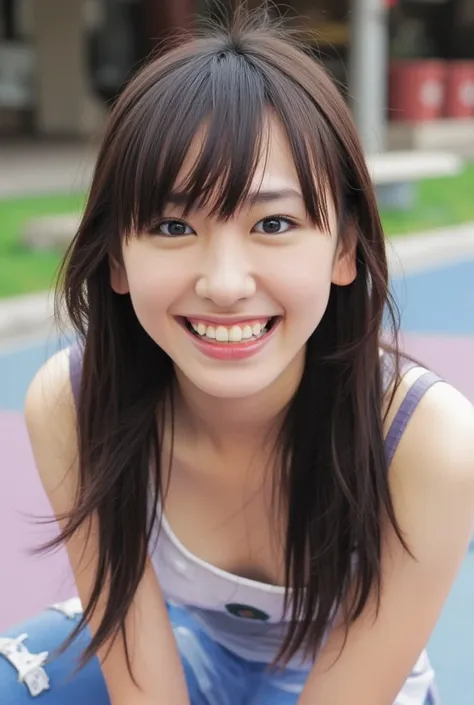 flat chest、big smile、(black-haired, bangs:1.5,long hair：1.5、straight hair),schoolyard、(((tank tops、shorts)))、upright、navel、slend...