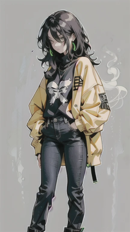 (masterpiece: 1.2, best quality), 1lady, solo, big 
Dark skinny jeans, oversized sweater, ankle boots, hemp print, smoke, smoke, neon lights, 
Loose waves, central part
Simple hoop earrings, cool, cool, fashionable, rockstar 
Green Park