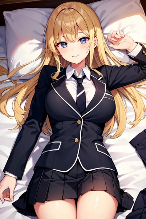 Smiling, lying on her back in a bed in a room, beautiful girl, average breast size, open clothes, blazer uniform, black loafers, pleated skirt, ribbon or tie, angle from directly above, blonde hair, long hair