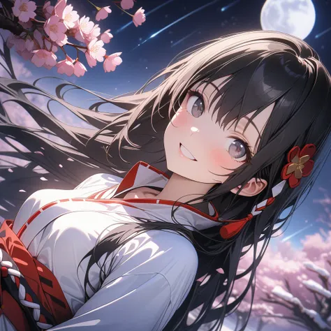 (Best Quality),(masterpiece),(Super detailed),(8k),(32K),(Perfect Anatomy),(Perfect hands),One girl、Black Eyes、Very long straight black hair,smile、(Small breasts:1.5)、Miko costume、Looking up at the sky、Snow、Cherry blossoms bloom、Night sky with moon and sho...