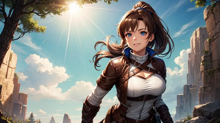 1girl, solo, fantasy, wanderer, fighter, trees, sun, clouds, ((brown hair)), ponytail, huge breasts, brown bra, leather clothes, small jacket, blue eyes, mini skirt, brown boots, smile, happy, looking at the viewer, walking, upper view, hair ribbon