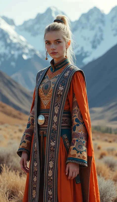 A highly detailed, high-quality Full HD photograph of a beautiful 16-year-old European girl, dressed in a traditional Mongolian outfit with a futuristic or otherworldly twist. While the clothing maintains the intricate patterns and rich textures typical of...