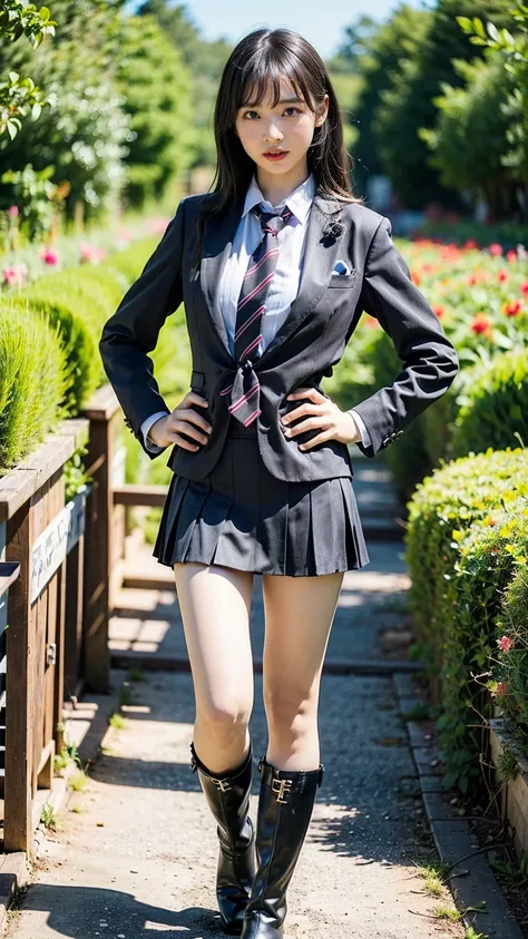 (8k、raw photos、please redeem、masterpiece:1.2)、(realistic、realistic)、1 person、((suit jacket、tie、black tight mini skirt、thin legs、...