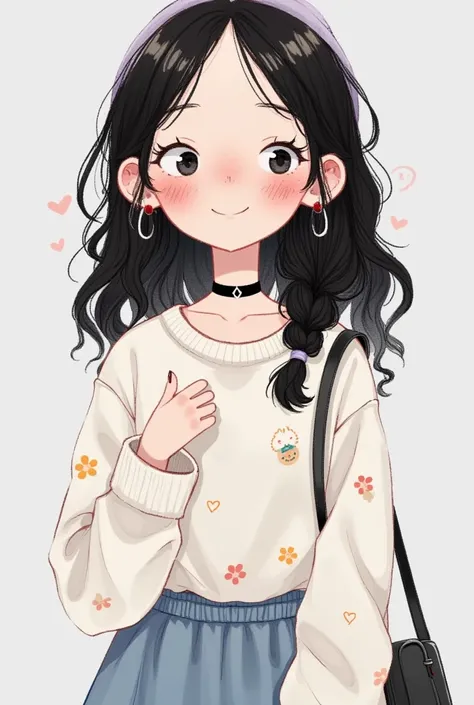 1girl, bag, bangs, black choker, black eyes, black hair, blush, braid, choker, closed mouth, freckles, grey background, long sleeves, looking at viewer, medium hair, mole, print shirt, shirt, skirt, smile, solo, upper body