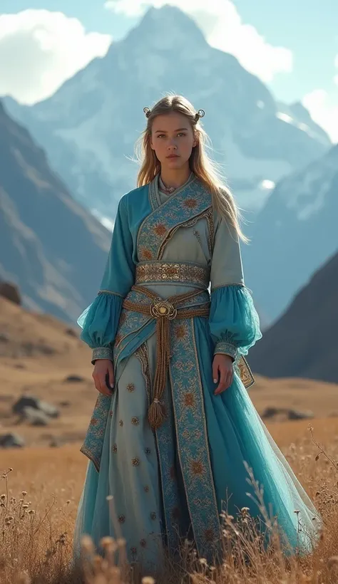 A highly detailed, high-quality Full HD photograph of a beautiful 16-year-old European girl, dressed in a traditional Mongolian outfit with a futuristic or otherworldly twist. While the clothing maintains the intricate patterns and rich textures typical of...