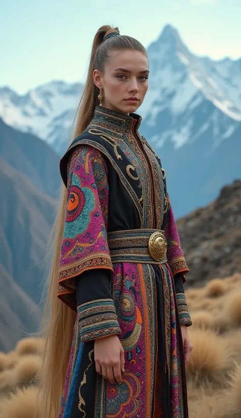 A highly detailed, high-quality Full HD photograph of a beautiful 16-year-old European girl, dressed in a traditional Mongolian outfit with a futuristic or otherworldly twist. While the clothing maintains the intricate patterns and rich textures typical of...