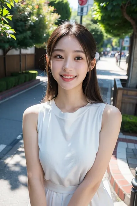 Best Quality, 8k, masterpiece, Photorealistic,((Selfie)),Realistic, 20 years old,((An innocent smile)),Taking a walk,A beautiful Japanese woman with a half-Japanese look,,Facial wrinkles, ((Upper Body)), (Viewer&#39;s perspective), ((A big smile)),Large Br...