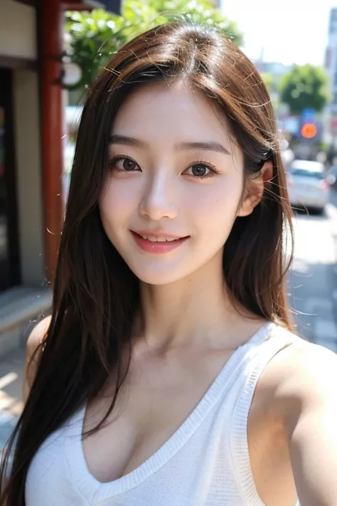 Best Quality, 8k, masterpiece, Photorealistic,((Selfie)),Realistic, 20 years old,((An innocent smile)),Taking a walk,A beautiful Japanese woman with a half-Japanese look,,Facial wrinkles, ((Upper Body)), (Viewer&#39;s perspective), ((A big smile)),Large Br...