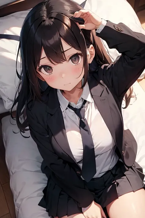 Embarrassed and troubled expression, lying on her back on a pillow in a bed in a room, beautiful girl, average breast size, open clothes, blazer uniform, black loafers, pleated skirt, ribbon or tie, angled from directly above, brown hair with inner color, ...