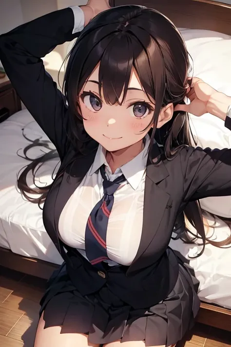 Smiling and asking for sex. Lying on her back on a pillow in a bed in a room. Beautiful girl. Average breast size. Clothes open. Blazer uniform. Black loafers. Pleated skirt. Ribbon or tie. Angled from directly above. Brown hair. Long hair.